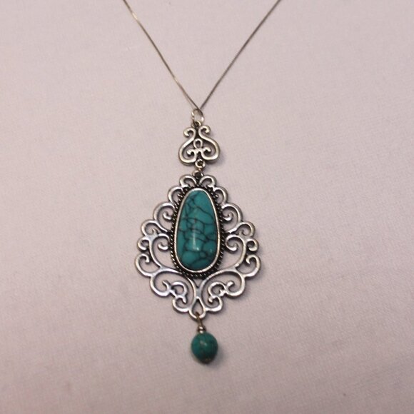 Silver and Turquoise Pendant on a Sterling Silver Necklace - Picture 1 of 14
